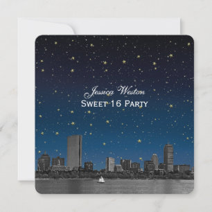 Boston Skyline Blue Starry Etched Sweet 16 Invitation