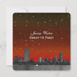 Boston Skyline Blue Starry Etched Sweet 16 Invitation