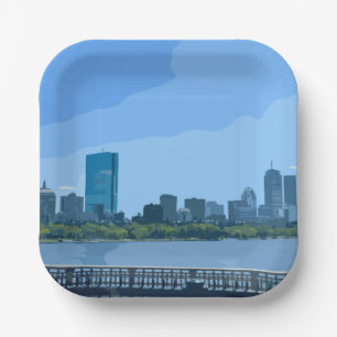Boston Skyline Charles River Painting Paper Plate