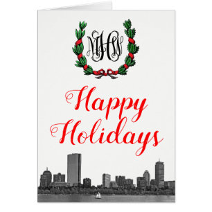 Boston Skyline Christmas Wreath Happy Holidays