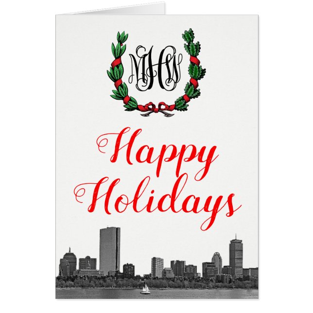 Boston Skyline Christmas Wreath Happy Holidays (Front)