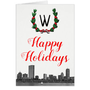 Boston Skyline Christmas Wreath Happy Holidays