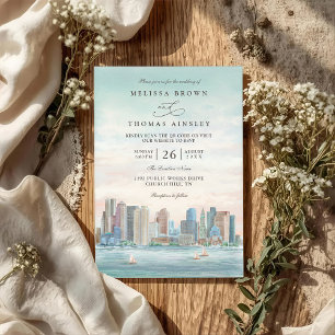 Boston Skyline Destination Elegant QR Code Wedding Invitation
