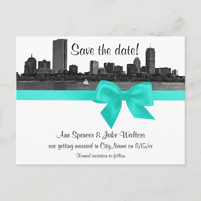 Boston Skyline Etched BW Aqua Save the Date Announcement Postcard (Front)