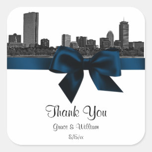 Boston Skyline Etched BW Navy Blue Favour Tag