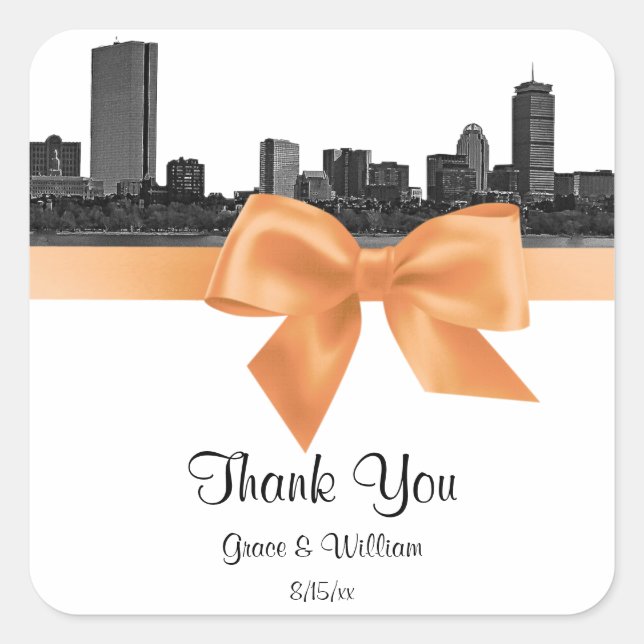 Boston Skyline Etched BW Peach Favour Tag Sticker (Front)