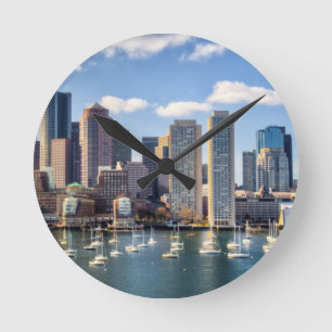 Boston skyline from waterfront round clock