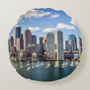 Boston skyline from waterfront round cushion