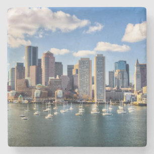 Boston skyline from waterfront stone coaster