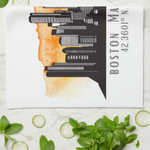 Boston Skyline Latitude and Longitude  Tea Towel
