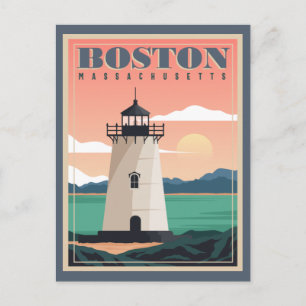 Boston Skyline & Lighthouse Massachusetts Postcard
