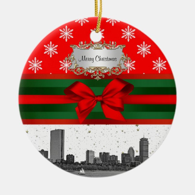 Boston Skyline Red Snowflake Christmas Ceramic Ornament (Front)