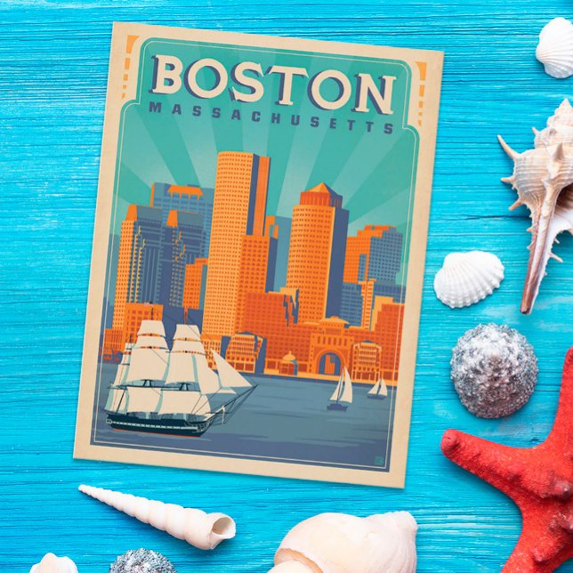 Boston Skyline & Sailboats | Massachusetts Postcard (Postcard on table)