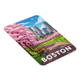 Boston skyline under blooming cherry blossoms magnet