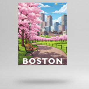 Boston skyline under blooming cherry blossoms  postcard