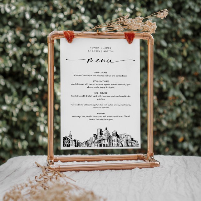 Boston Skyline Wedding Dinner Menu Card 5x7 (Creator Uploaded)