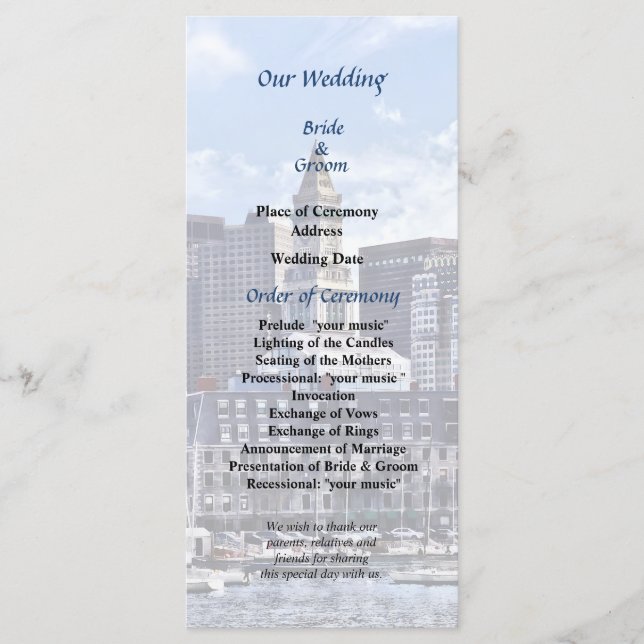 Boston Skyline With Custom House Wedding Program (Front)