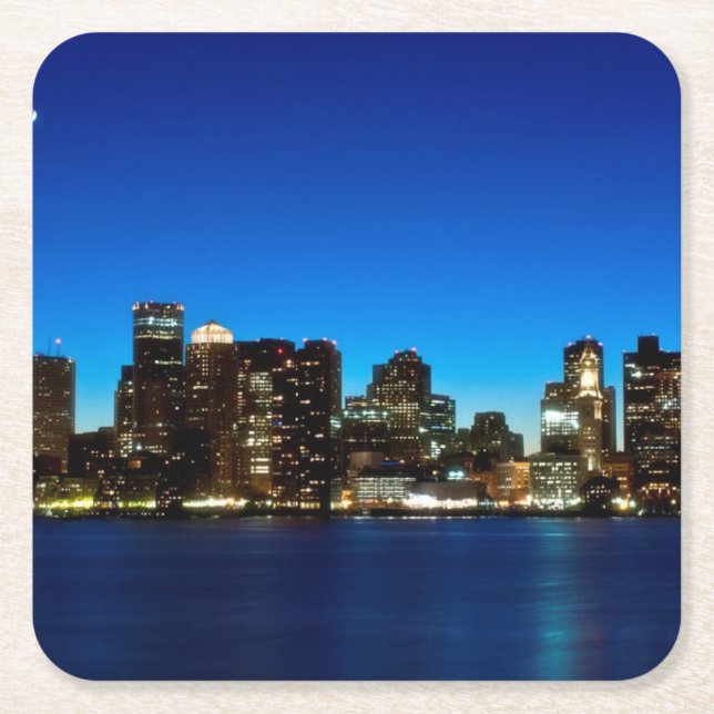 Boston skyline with moon square paper coaster (Front)