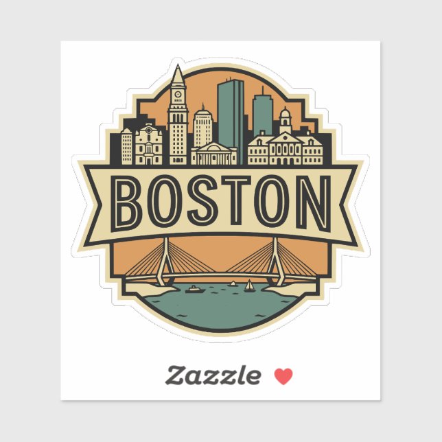 Boston Skyline Zakim Bridge Retro Travel Badge (Sheet)