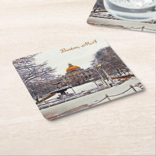 Boston State House in Winter 9870 Square Paper Coaster