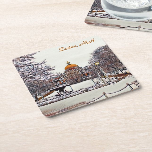 Boston State House in Winter  Square Paper Coaster (Angled)