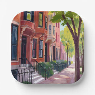 Boston Summer   Massachusetts Brownstones Paper Plate