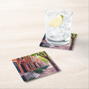 Boston Summer Massachusetts Brownstones Square Paper Coaster