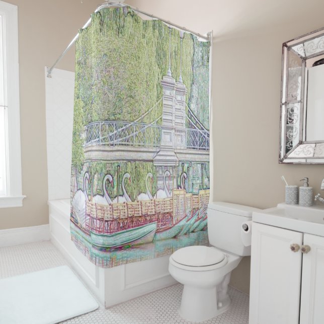 Boston Swan Boats Pencil and Ink shower curtain (In Situ)