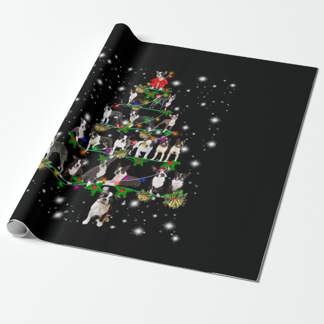 Boston Terrie Christmas Tree Covered By Flashlight Wrapping Paper (Unrolled)