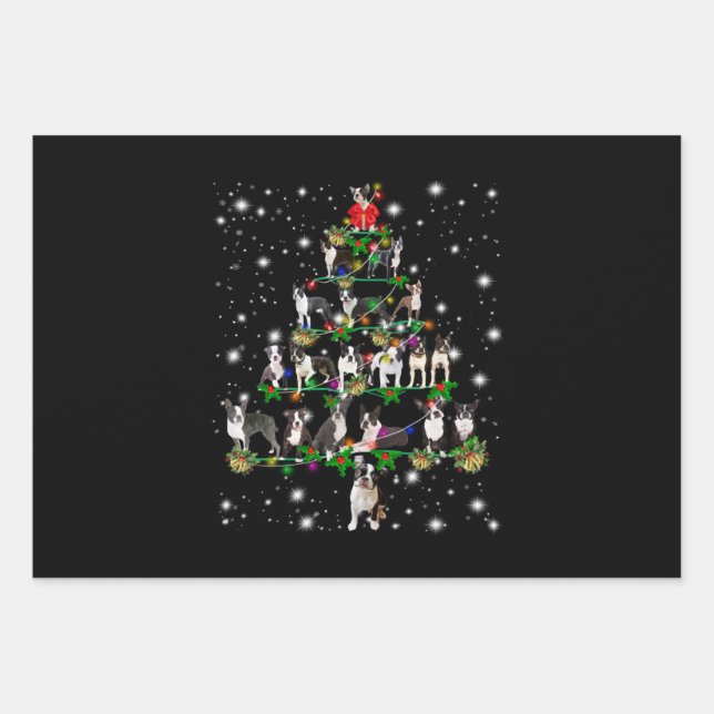 Boston Terrie Christmas Tree Covered By Flashlight Wrapping Paper Sheet (Front)