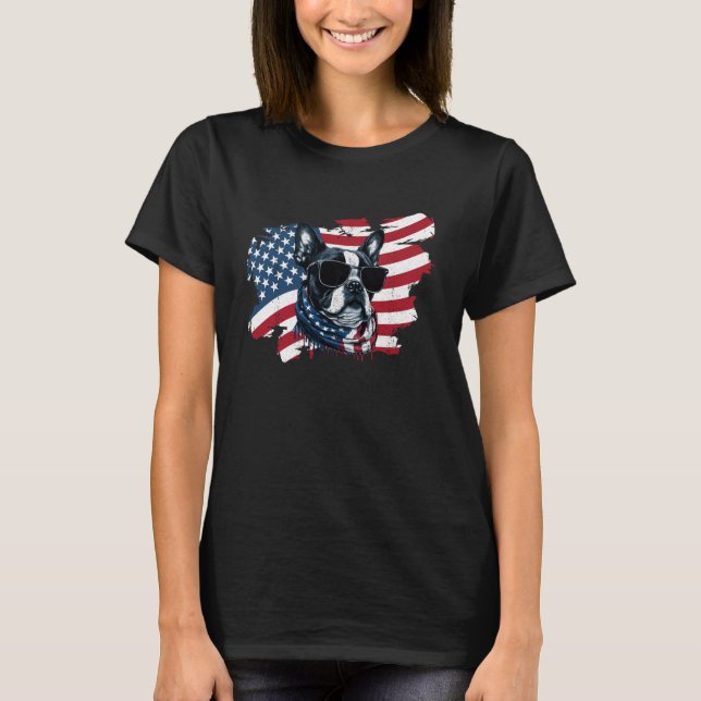Boston Terrier American Flag 4th Of July USA Canin T-Shirt (Front)