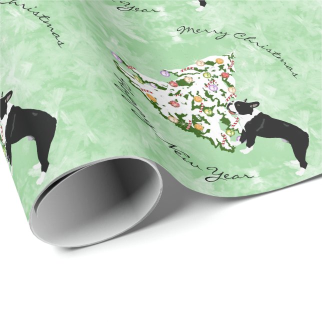 Boston Terrier and Christmas Tree Wrapping Paper (Roll Corner)