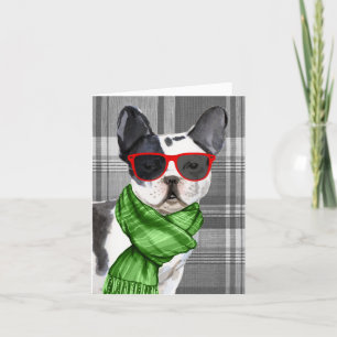 Boston Terrier and Grey Plaid Christmas Holiday Card