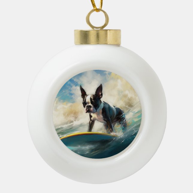 Boston Terrier Beach Surfing Painting  Ceramic Ball Christmas Ornament (Front)