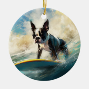 Boston Terrier Beach Surfing Painting  Ceramic Ornament
