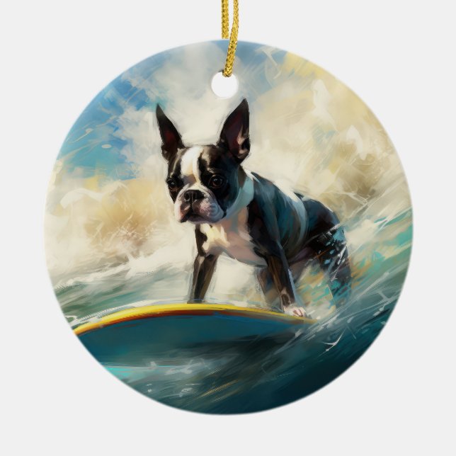 Boston Terrier Beach Surfing Painting  Ceramic Ornament (Front)