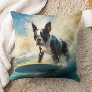 Boston Terrier Beach Surfing Painting  Cushion