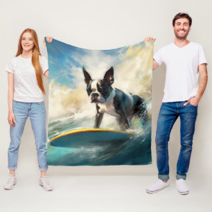 Boston Terrier Beach Surfing Painting  Fleece Blanket