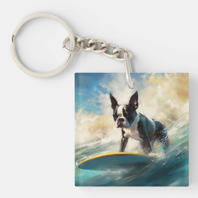Boston Terrier Beach Surfing Painting  Key Ring (Front)