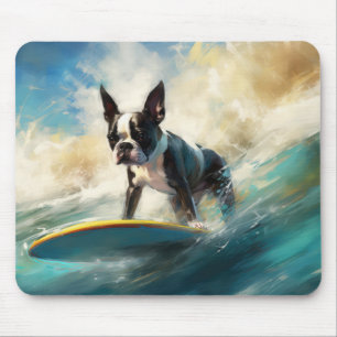 Boston Terrier Beach Surfing Painting  Mouse Pad