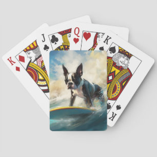 Boston Terrier Beach Surfing Painting Playing Cards