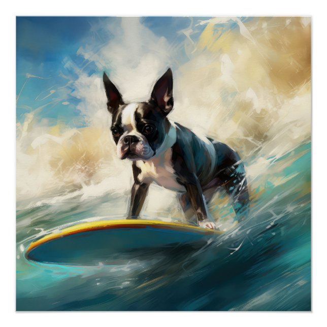 Boston Terrier Beach Surfing Painting  Poster (Front)