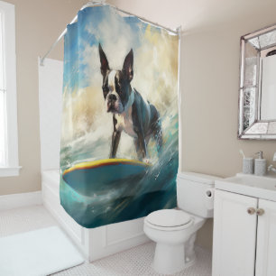 Boston Terrier Beach Surfing Painting  Shower Curtain
