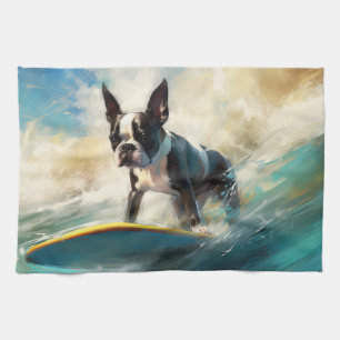 Boston Terrier Beach Surfing Painting Tea Towel
