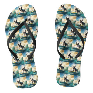 Boston Terrier Beach Surfing Painting Thongs
