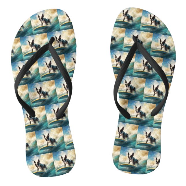 Boston Terrier Beach Surfing Painting  Thongs (Footbed)