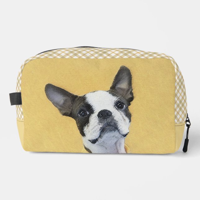 Boston Terrier Black and White Painting Dog Art Dopp Kit (Front)