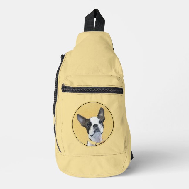 Boston Terrier Black and White Painting Dog Art Sling Bag (Front)