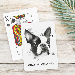 Boston terrier black and white watercolor playing cards