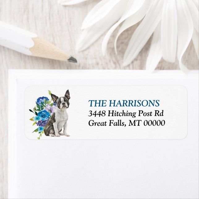 Boston Terrier Blue Floral Return Address Label (Insitu)